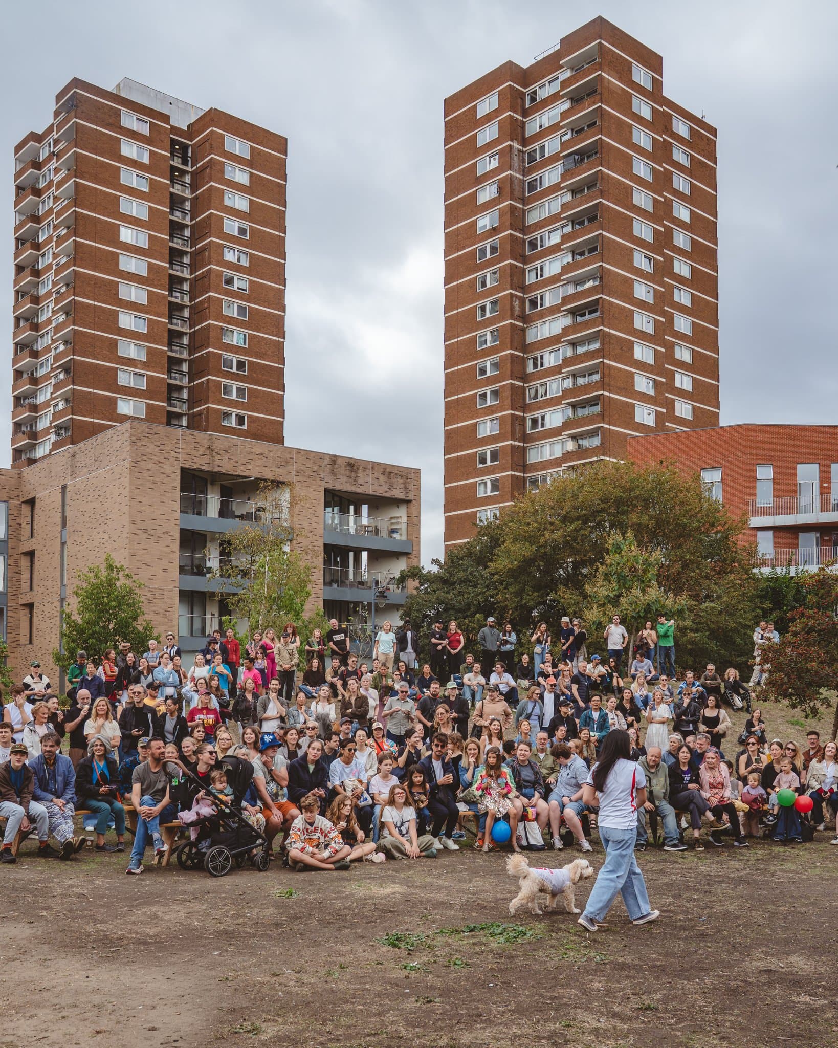 A crowd gathered on the grass for an outdoor event, tower blocks behind.