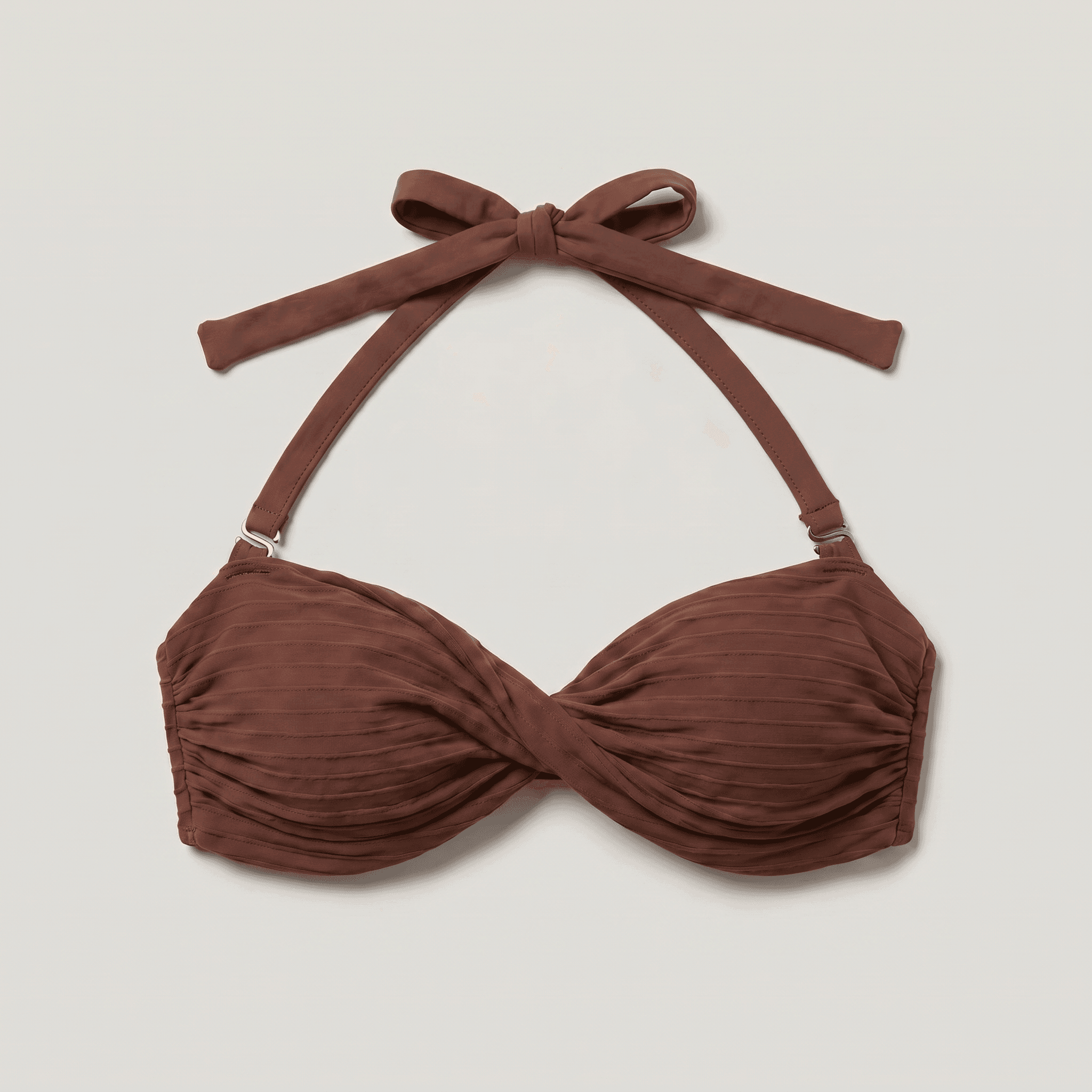 EarthCove ribbed bandeau bikini top in brown, flat lay
