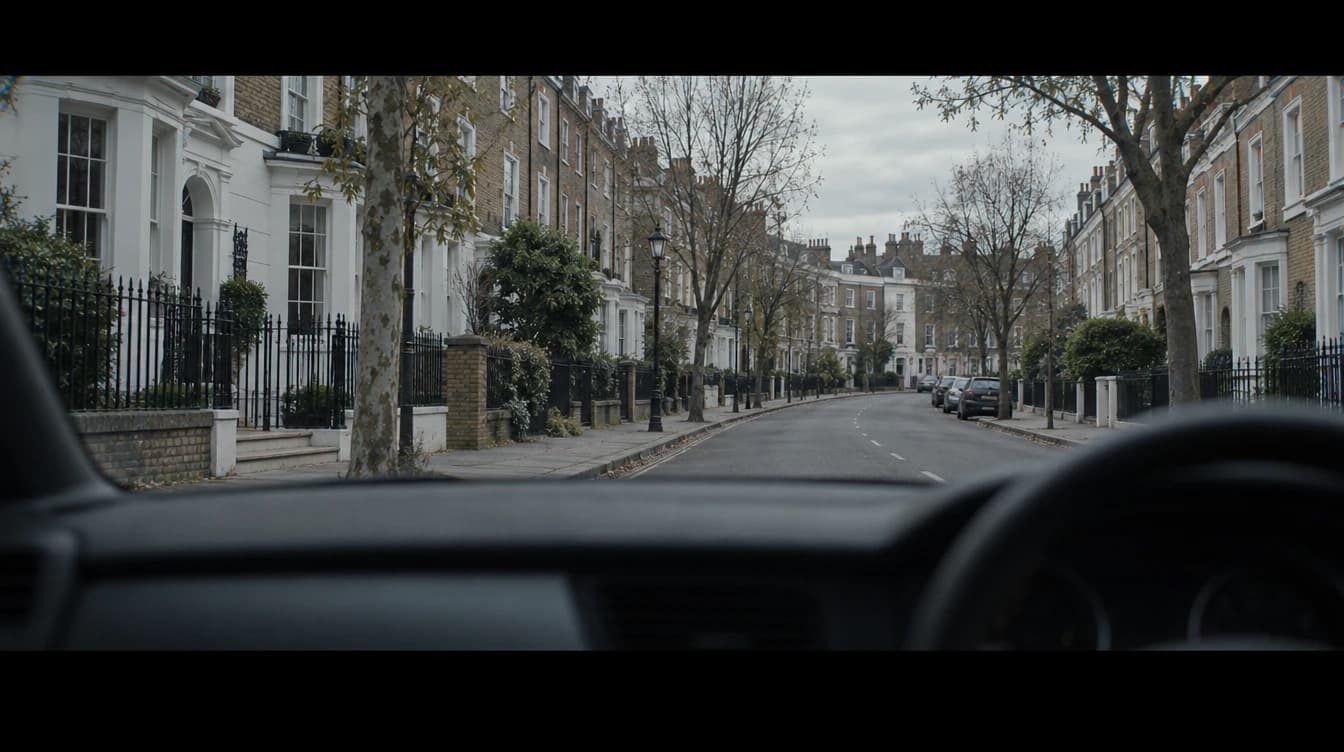 A parked car's windscreen view of a quiet residential London street, terraced houses either side.